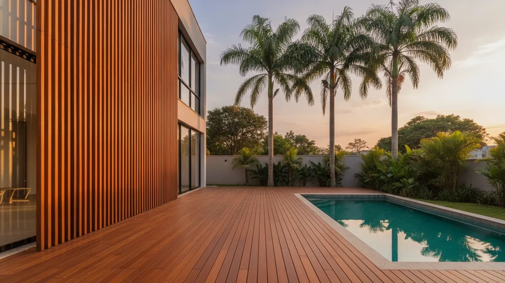 Deck de madeira junto a uma piscina e brise vertical de ripas de madeira na fachada branca de uma casa contemporânea